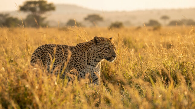 Wild leopard walking through tall golden savannah grass at sunset in africa