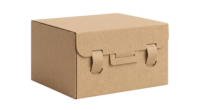 Empty brown cardboard shipping box with integrated locking tabs isolated on a clean white background studio