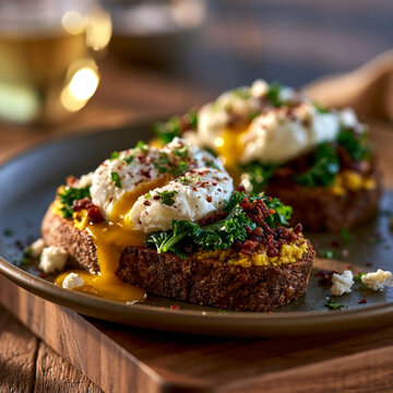 Toasted artisan bread slices topped with poached eggs and crispy bacon on plate