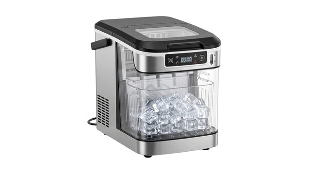 Portable stainless steel ice maker machine with transparent basket filled with fresh clear ice cubes inside