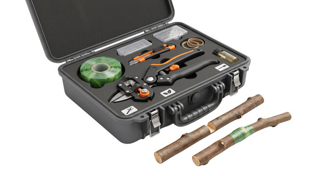 Professional gardening grafting tool kit inside a protective carry case for nursery plant propagation tasks daily