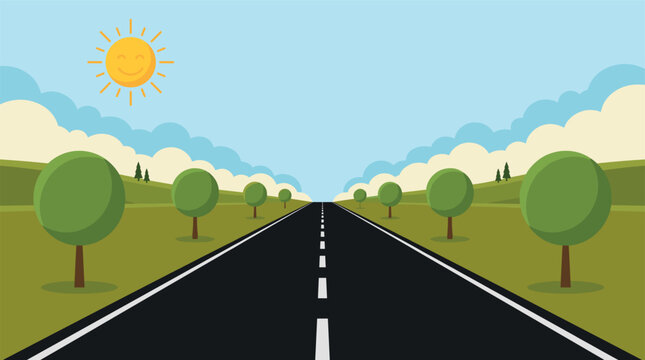 Straight Empty Asphalt Road Vector Illustration with Cute Smiling Sun and Green Trees for Summer Travel and Vacation Background Designs