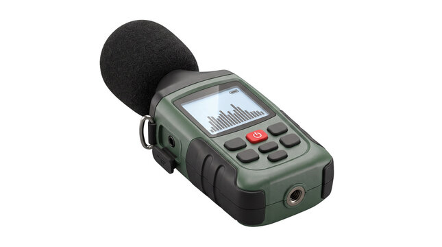 Professional digital sound level meter with green housing and black foam windscreen isolated on white background