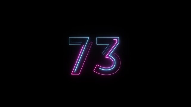 Number 73 in neon style, neon number with transparent background, seventy three