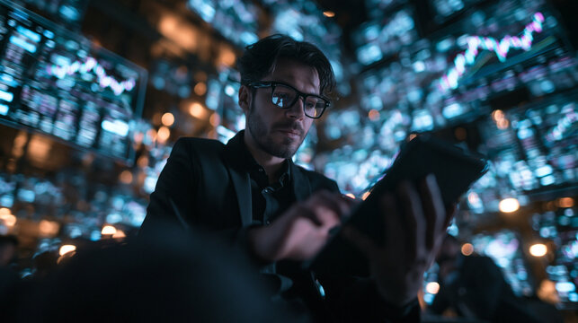Businessman Analyzing Financial Stock Market Data on Digital Tablet