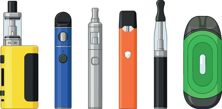 Electronic Cigarette Vape and Pod System Device Vector Icon Set with Box Mods Cartridges and Vaporizer Hardware for Smoking Cessation Campaign Designs