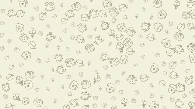 A charming, hand-drawn doodle pattern featuring desserts like cakes and ice cream cones alongside coffee cups on a light, neutral background. Perfect for bakery, cafe, or sweet-themed designs.