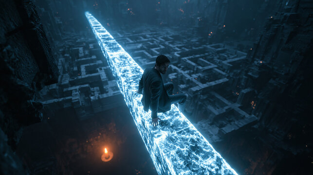 Man Sitting on Glowing Path Above Dark Labyrinth