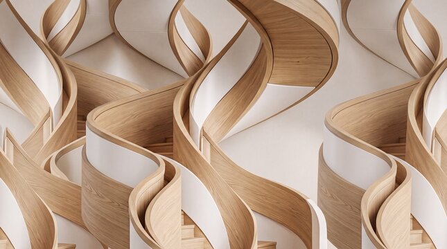 Abstract Curved Wooden Staircase Modern Architectural Concept