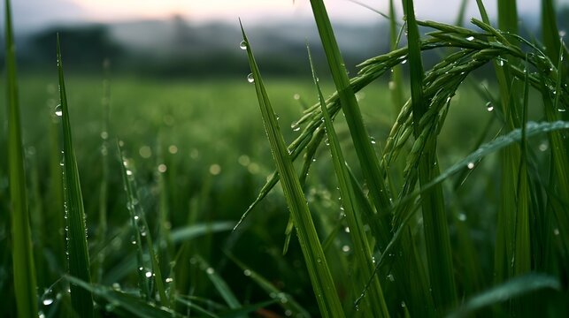Fresh green rice plants with dew drops glistening in soft morning light  creating a tranquil and immersive natural scene