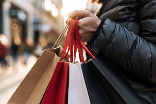 Hand Carrying Colorful Retail Tote Bags in Warm Urban Streetlight with Elegant Lifestyle Atmosphere