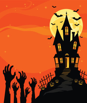 Halloween card poster haunted house silhouette with full moon and flying bats above zombie hands and pumpkins on orange background.