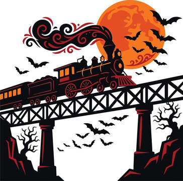 Halloween haunted train crossing spooky trestle bridge with full moon and flying bats vector illustration