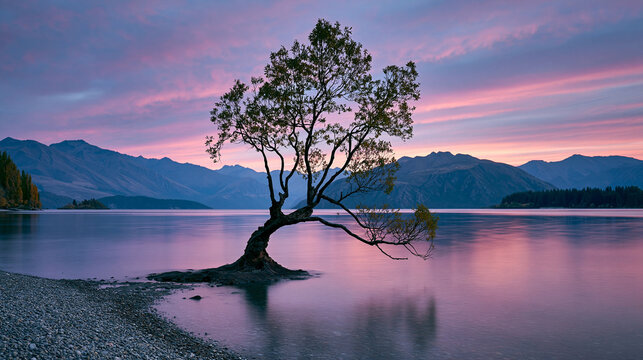 Scenic view of a lone tree growing in calm lake water under a purple sunset sky with blue hour