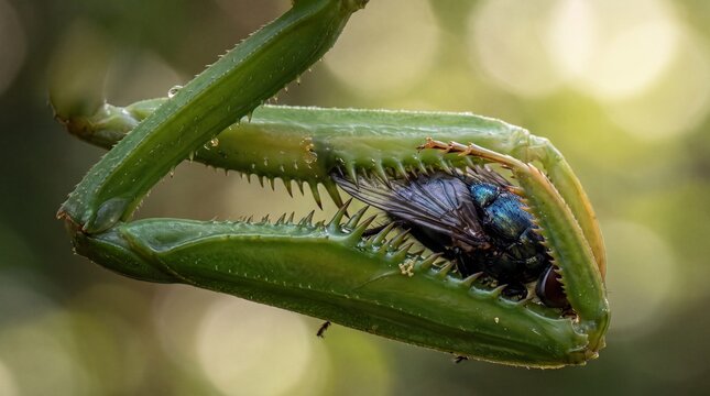 Praying Mantis Holding Caught Fly in Claws
