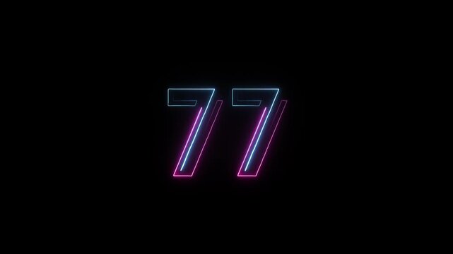 Number 77 in neon style, neon number with transparent background, seventy seven