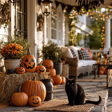 Charming front porch decorated for halloween with pumpkins hay bales and a black cat sitting