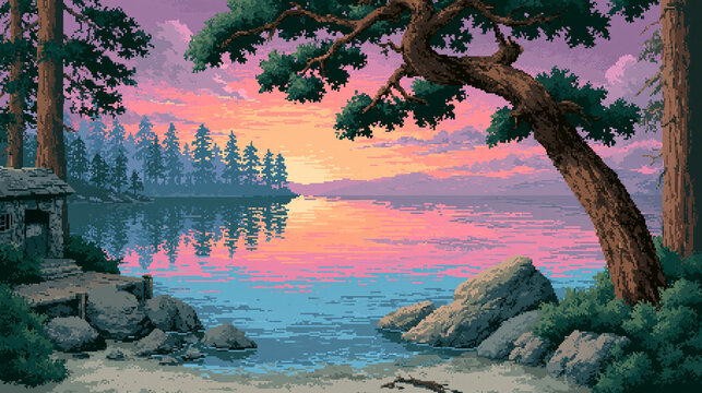 Serene lake landscape with pine trees and mountains during a colorful pink sunset