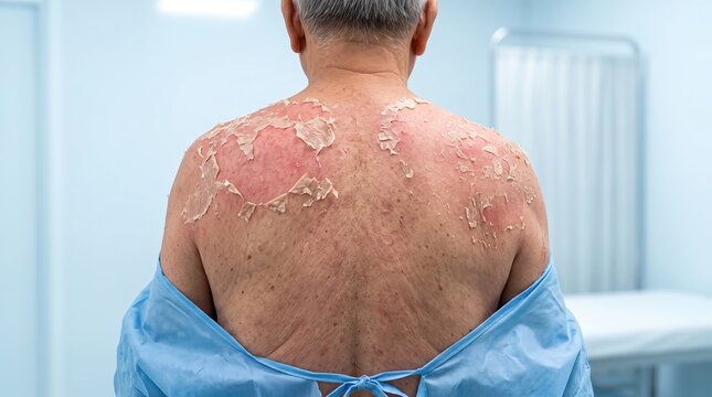 Senior patient in hospital gown with severe peeling skin and redness on back, extreme sunburn or exfoliative dermatitis