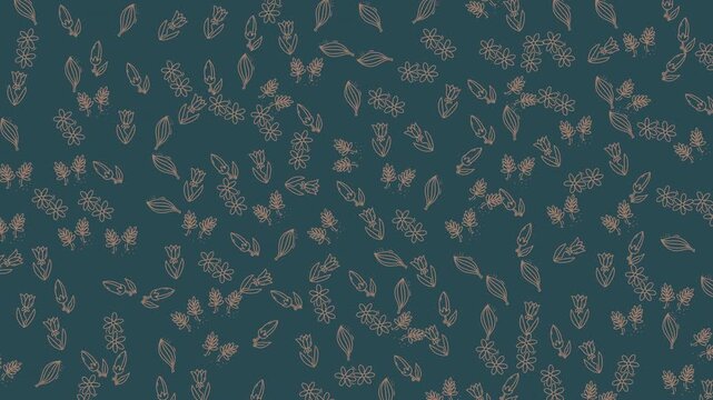 A seamless repeating pattern featuring delicate line-art illustrations of flowers and leaves on a deep teal background. This design evokes a sense of understated elegance and natural beauty,