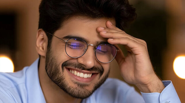 Smiling young man with glasses touching his forehead in relief or happiness