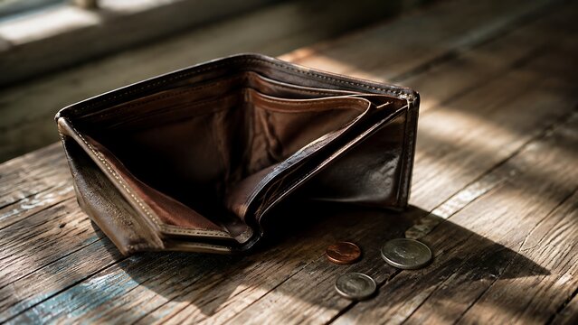 An old brown leather wallet is lying open on a wooden surface with a few coins scattered around it.