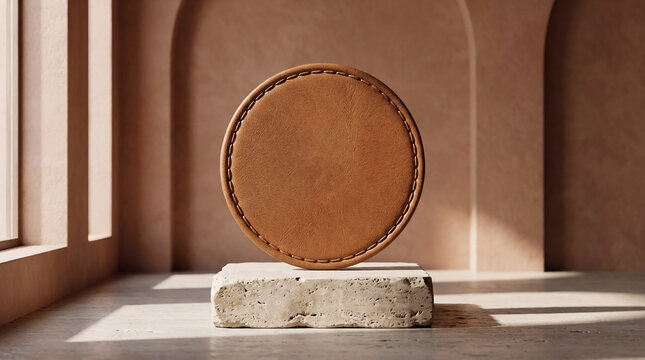 A round circle leather patch displayed on a rustic stone podium in a minimalist beige architectural setting for product branding and fashion display.