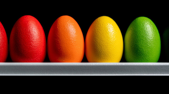 Colorful easter eggs in red orange yellow and green on a shelf with painted eggs