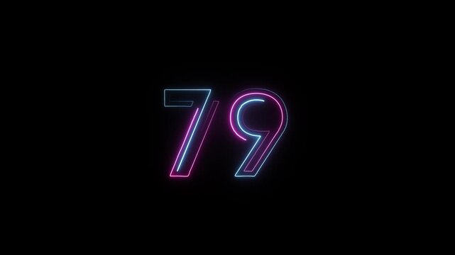 Number 79 in neon style, neon number with transparent background, seventy nine
