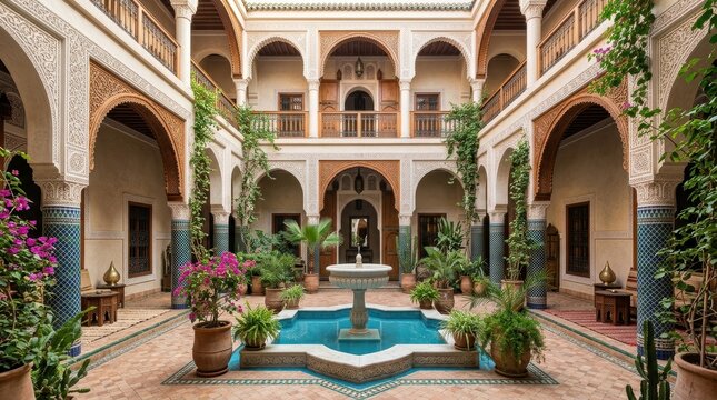 A traditional Moroccan riad features an inner courtyard with a central stone fountain surrounded by flourishing green plants and ornate archways that showcase historical architecture and vivid