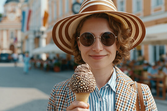 Smiling young woman in stylish hat and sunglasses eating ice cream outdoors with summer lifesty