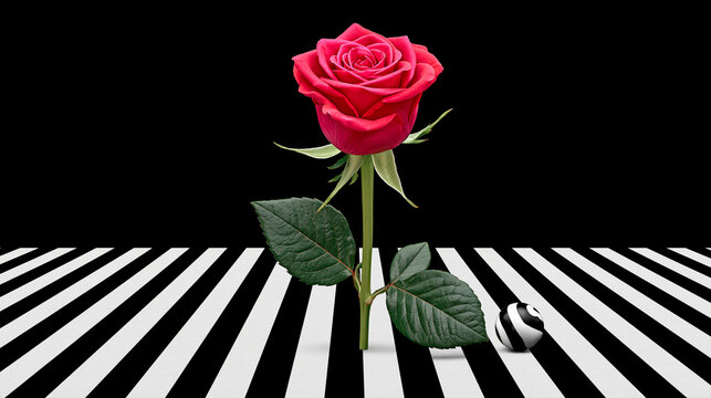 Single red rose with green leaves on black and white striped floor