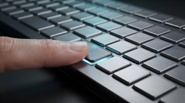 Finger pressing a glowing blue enter key on a modern keyboard