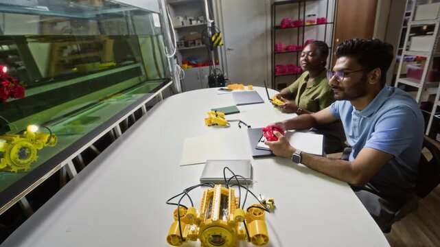 Young adult Indian man and African American woman operating remote controllers to test underwater robots in water tank. Footage suitable for STEM education and marine technology marketing