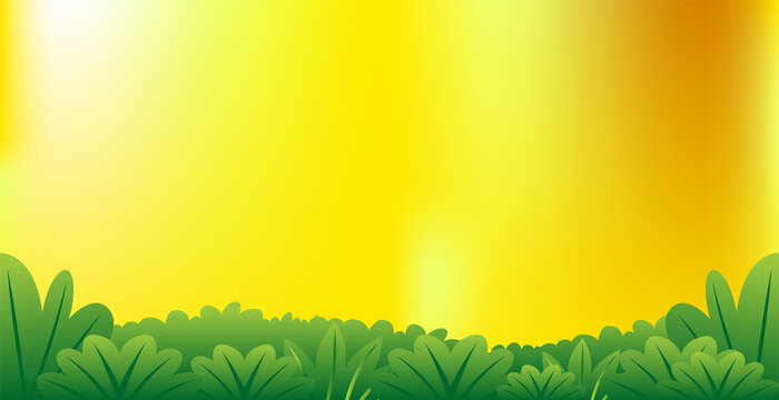 Vibrant yellow gradient background featuring lush green shrubbery border for natural spring themed design templates.