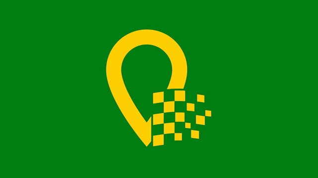 Minimalist yellow map pin and checkered flag icon on green background for automotive service