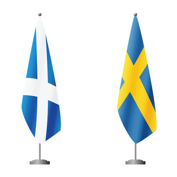 Scotland and Sweden flags on flagpoles for official ceremonies and meetings, transparent background vector