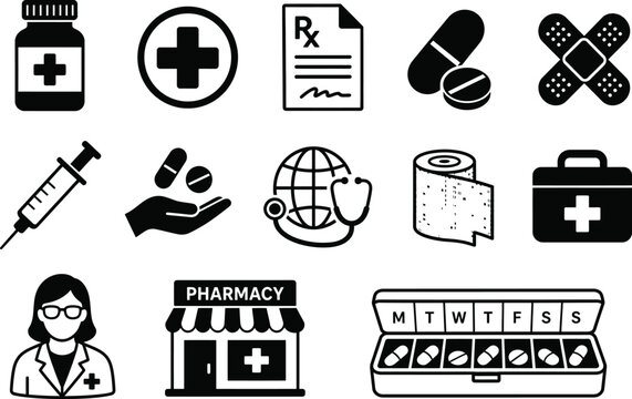 Pharmacy Medicine Health and Healthcare Black Glyph Icon Collection