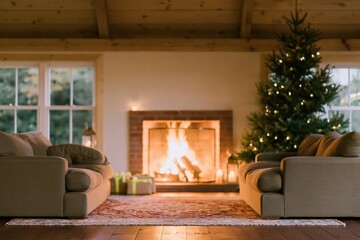 Naklejka premium Cozy family room with a burning brick fireplace and decorated Christmas tree, featuring warm lighting and soft textures for holiday home decor