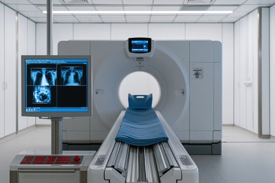 CT scanner in a bright white radiology room with a digital monitor displaying chest scans, featuring smooth glass and padded surfaces for diagnostic imaging