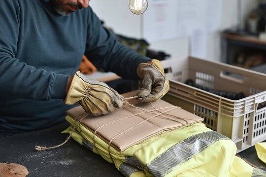 Hands of a South Asian storekeeper tying twine around a folded hi-vis vest on a dark counter, featuring weathered gloves for PPE retail and logistics