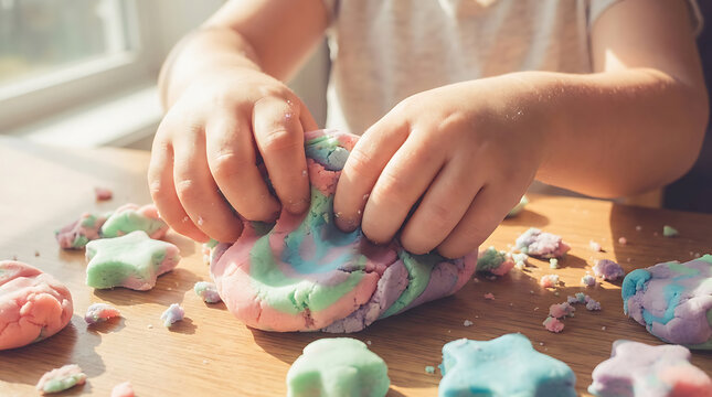 A child playing with colorful pastel modeling clay on a wooden table, shaping small star figures with their hands in a bright and sunny indoor setting