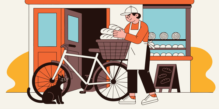 Flat vector illustration of a delivery man with a bicycle carrying fresh bread from a local bakery shop