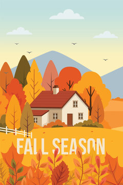Fall Season Cozy Countryside Farmhouse Flat Vector Illustration