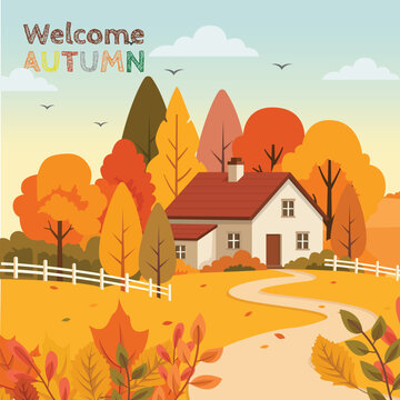 Welcome Autumn Rural Farmhouse Winding Path Flat Vector Illustration
