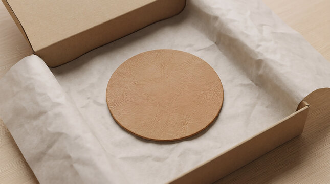 A circular leather patch for custom garment branding placed inside an open cardboard box with tissue paper as a high quality premium product presentation