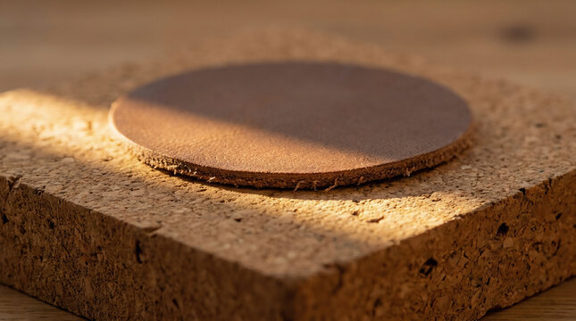 A circular leather patch rests on a textured cork surface, illuminated by natural sunlight, highlighting the contrast in textures and artisan materials