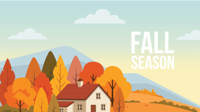 Fall Season Autumn Landscape Web Banner Flat Vector Illustration
