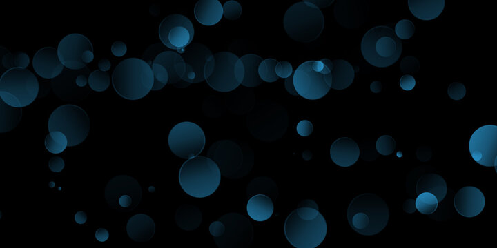 Abstract background, with floating blue, bokeh circles on, a solid black, backdrop for digital