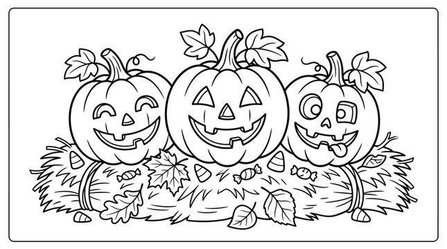 Cute Halloween jack o lanterns on hay bale coloring page vector illustration